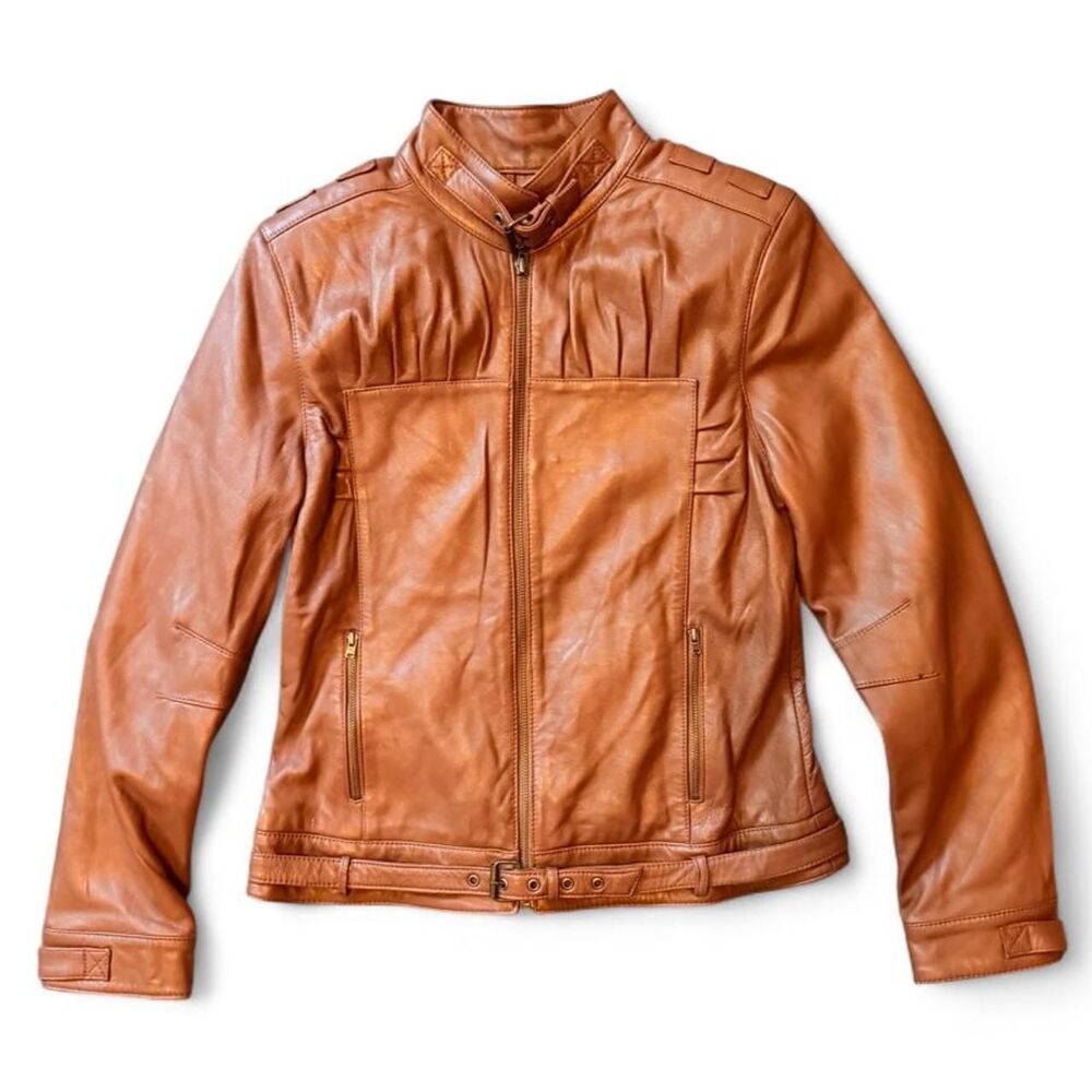 Metro 7 Women’s Size 8 Cognac Saddle Brown Genuine Leather Moto Jacket
